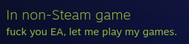 A screenshot of a status message delivered via the Steam interface, reading: "In non-steam game: 